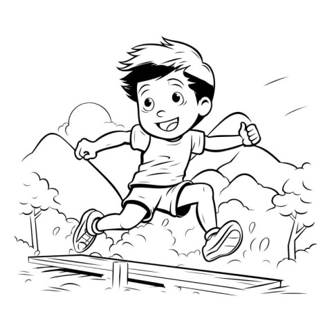 Black and White Cartoon Illustration of a Kid Running in the Par