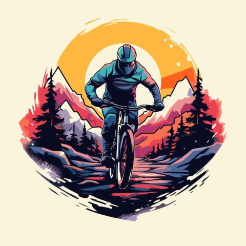 Mountain biker rides on the road in the forest. vector illustrat