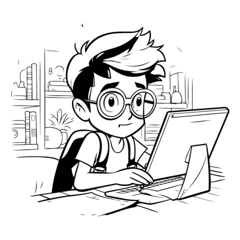 Boy with glasses working on a laptop at home. Vector illustratio