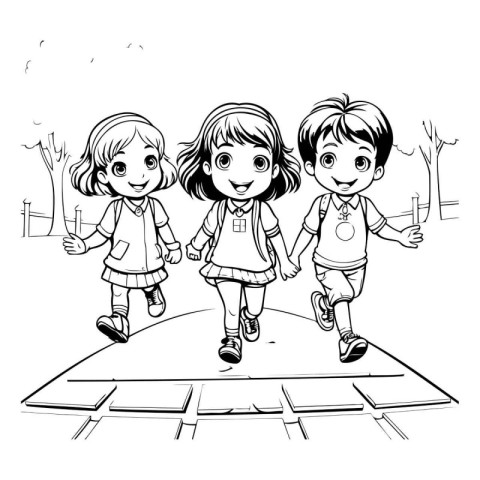 Children in school uniforms running in the park. Black and white