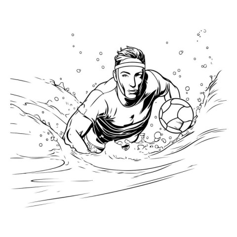 Soccer player with ball in the water. Black and white vector ill