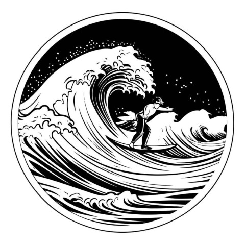 Illustration of a surfer with a surfboard on the ocean