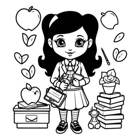 Cute little girl with books and school supplies. Black and white