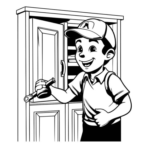 delivery boy with key and door cartoon vector illustration graph