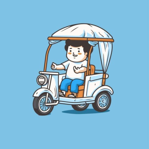 Asian man driving a tuk tuk car. Vector illustration.