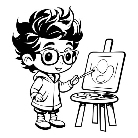 Boy Painting on Easel - Black and White Cartoon Illustration. Ve