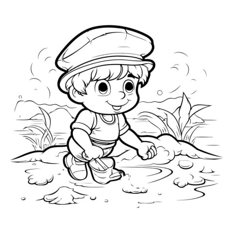 Cute little boy playing in the mud. Coloring book for children