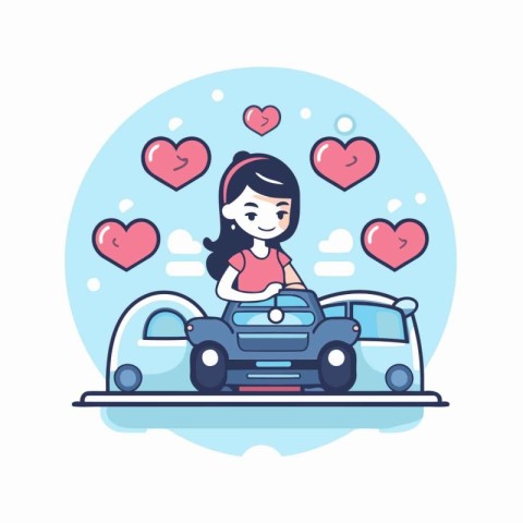 Girl driving a car with hearts around her. Vector flat illustrat