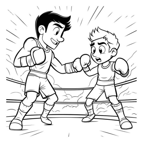 Black and White Cartoon Illustration of Father and Son Boxing Sp