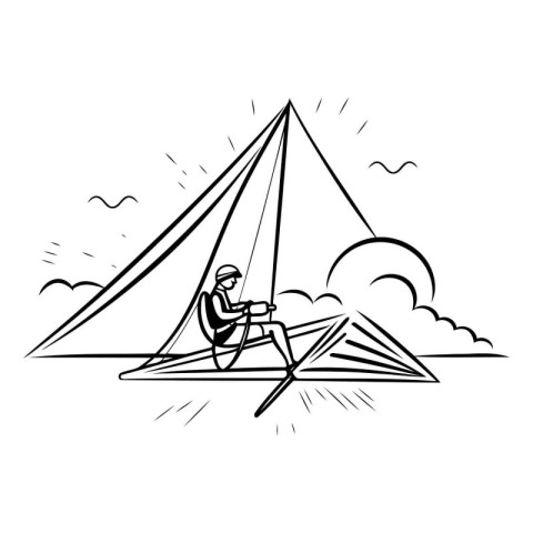 Man with a helmet on the background of a pyramid. Vector illustr