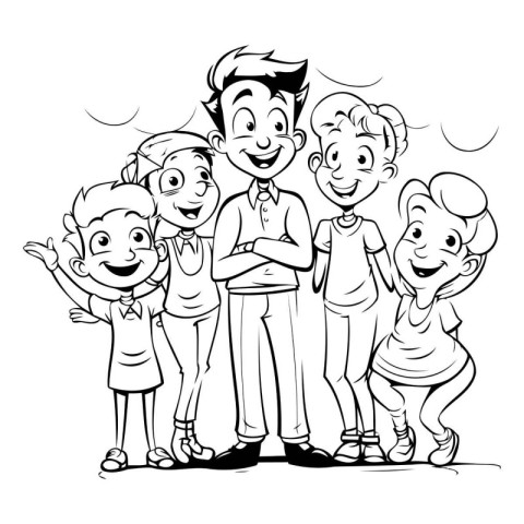 Happy family with children. Black and white vector illustration