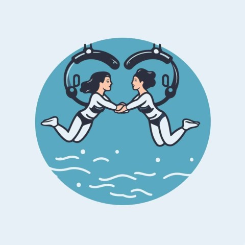 Man and woman jumping into the water. Vector illustration in a f