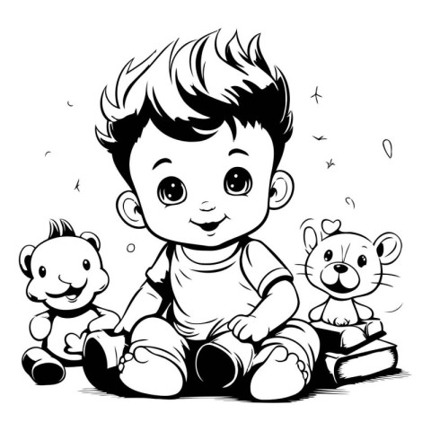 Cute boy playing with toys. black and white vector illustration.