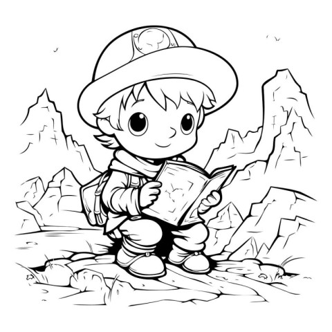 Outline illustration of a little explorer boy reading a book in