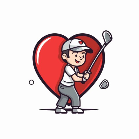 Golf player holding a club and a red heart. vector illustration