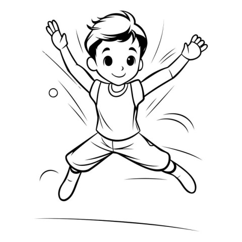 Happy boy jumping with raised hands. Black and white vector illu