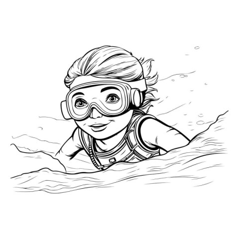 Vector illustration of a girl in scuba diving mask swimming in t