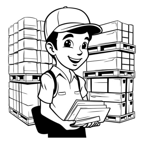 Delivery man with boxes. Black and white vector illustration for