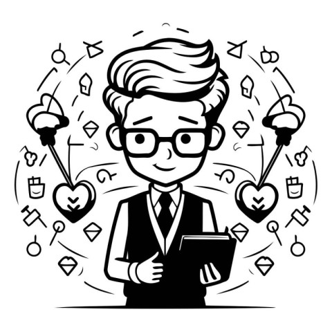 Black and white vector illustration of a teacher holding a table