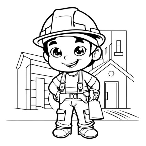 Black and White Cartoon Illustration of Cute Fireman Boy Charact