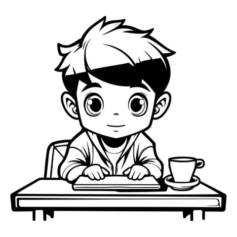 Cute Boy Student - Black and White Cartoon Illustration. Vector