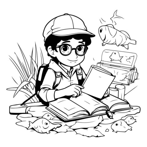 Black and White Cartoon Illustration of Kid Boy Reading a Book w