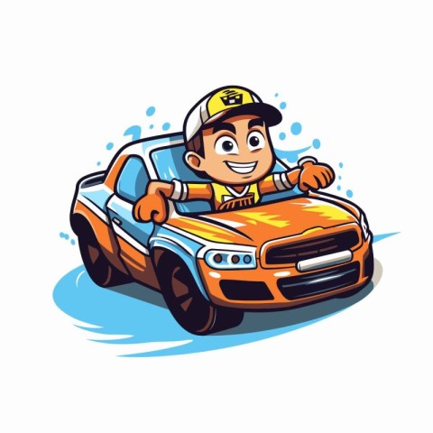 Vector illustration of a cartoon boy driving a car on the road.