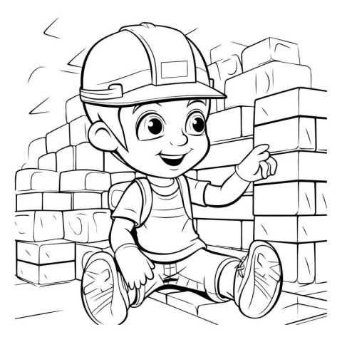 Vector illustration of a little boy playing with bricks on a con