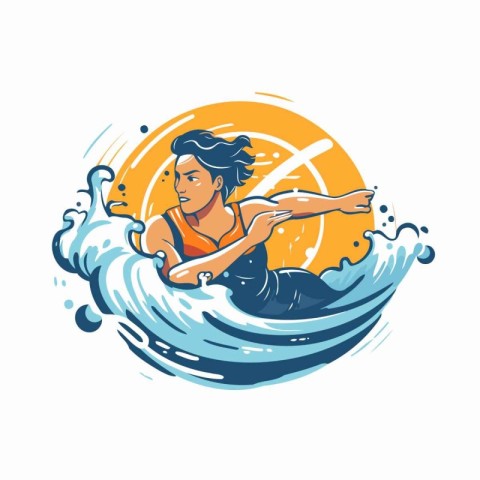 Surfer in the waves. Vector illustration of a man with a surfboa