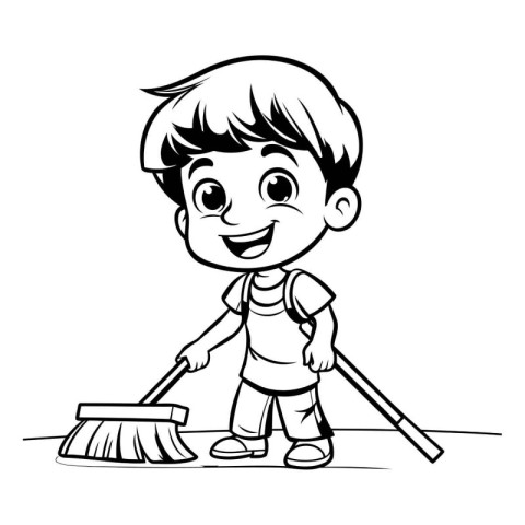 Cute Little Boy Cleaning Floor with Broom - Black and White Cart