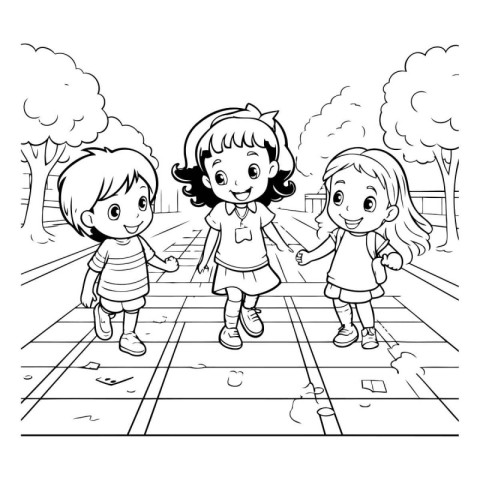 Coloring book for children: girls walking in the park. Vector il