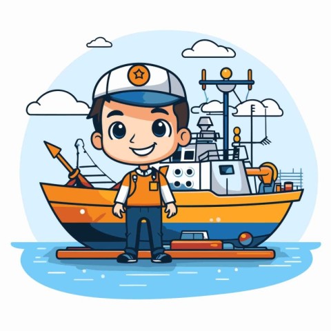 Cute cartoon sailor boy in uniform standing on the boat. Vector