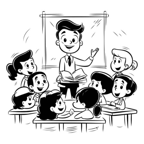 Teacher and students in classroom cartoon black and white vector