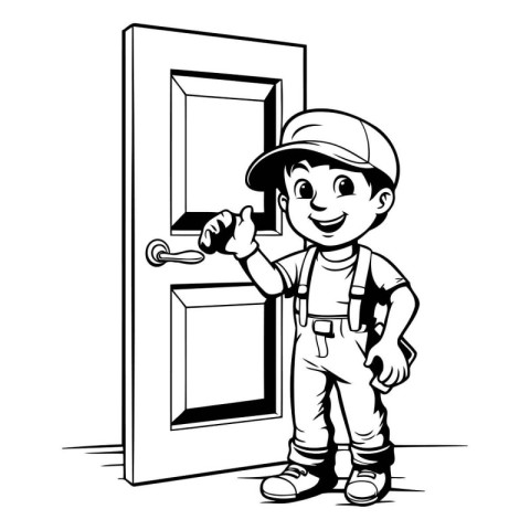 Cartoon illustration of a handyman standing next to a door.