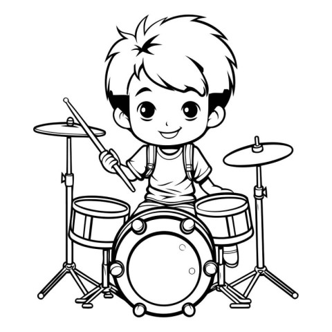 Cute boy playing drums. Black and white vector illustration for