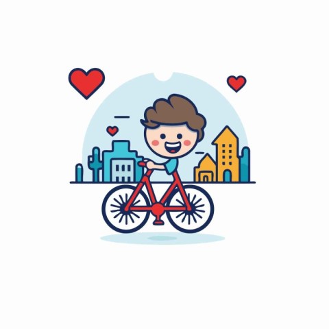 Cute boy riding a bicycle in the city. Vector illustration.