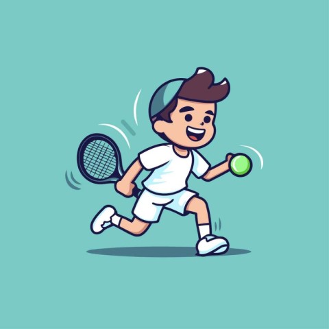 Cartoon boy playing tennis. Vector illustration of a boy playing