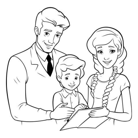 Father and mother with son. Coloring book for children. Vector i