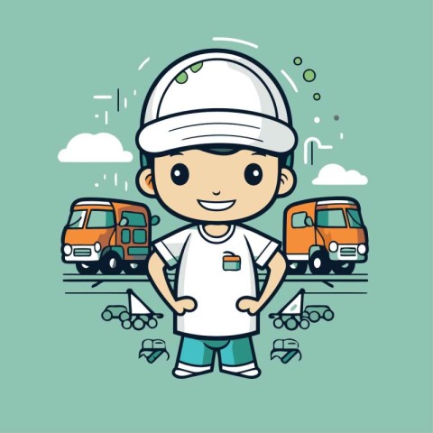 Cute little boy with car and truck. Vector flat cartoon illustra