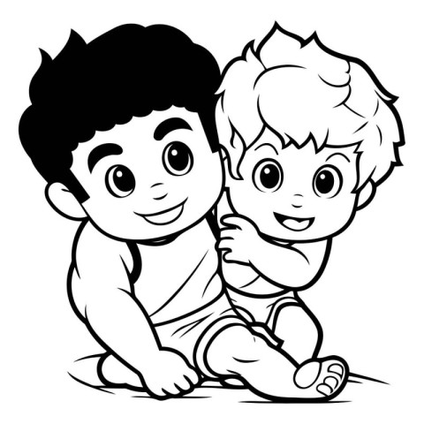 Two boys playing together - Black and White Cartoon Illustration