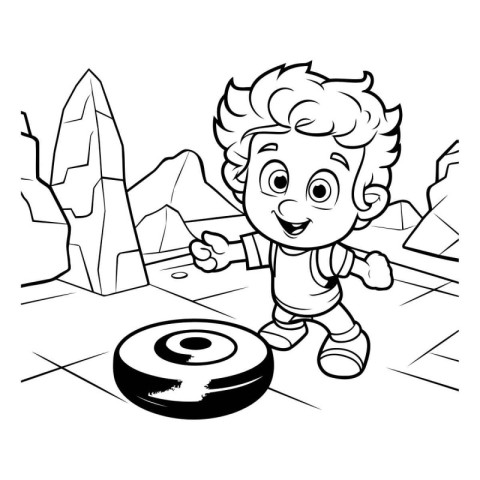 Black and White Cartoon Illustration of Kid Boy Playing Treasure