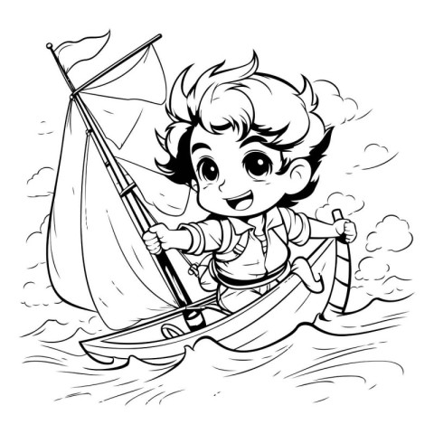 Cute little boy sailing on a boat. Black and white vector illust