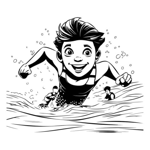 Boy swimming in the sea. Black and white vector illustration for