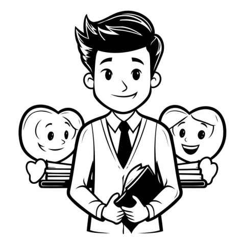 Vector illustration of a teacher holding a book. Black and white