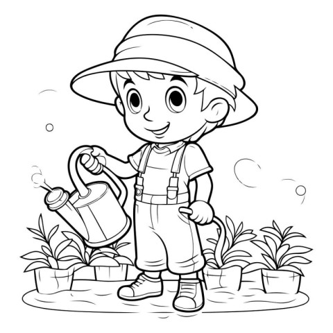 Coloring Page Outline Of a Little Boy Watering Plants.