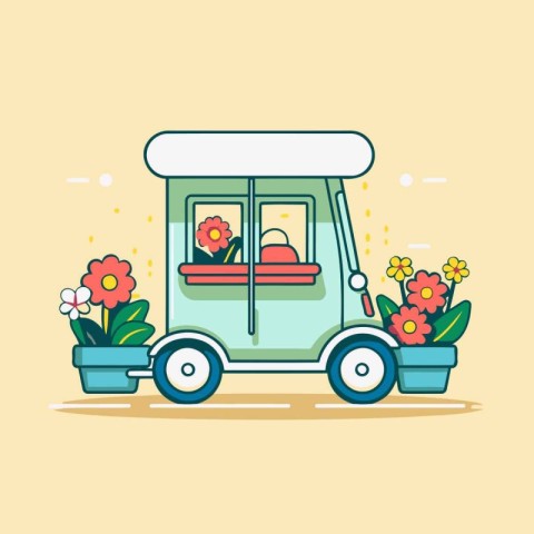 Golf cart with flowers. Vector illustration in flat design style