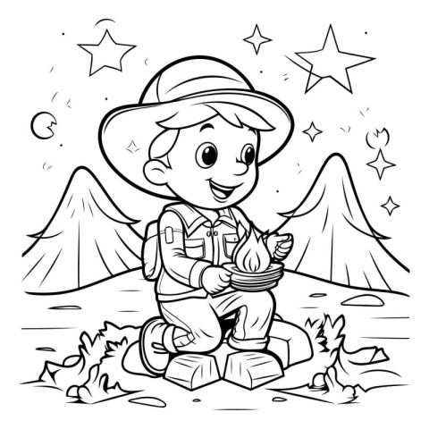 Black and White Cartoon Illustration of Kid Camping for Coloring