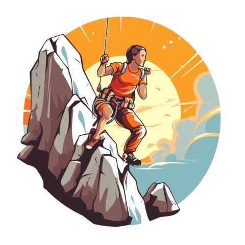 Rock climber climbing up the mountain. Vector illustration in re