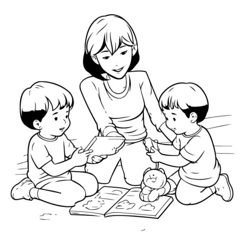 Mother reading book to her children. Black and white vector illu