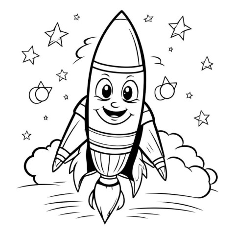 Black And White Cartoon Illustration of Space Rocket Mascot Char